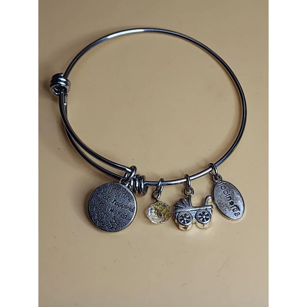 FOOTNOTES 'New Baby' Silver Tone Charm Bracelet Stroller Faceted Crystal & Heart